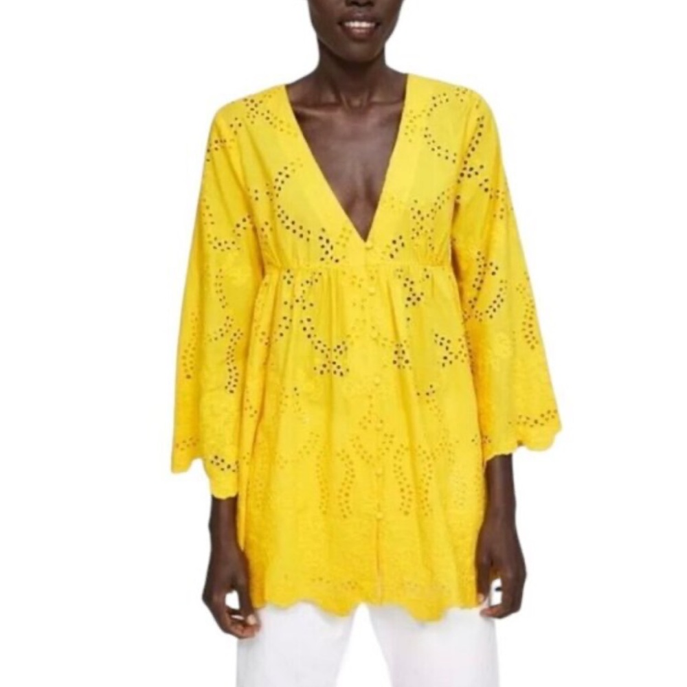 ZARA Yellow Eyelet Mini Dress M
